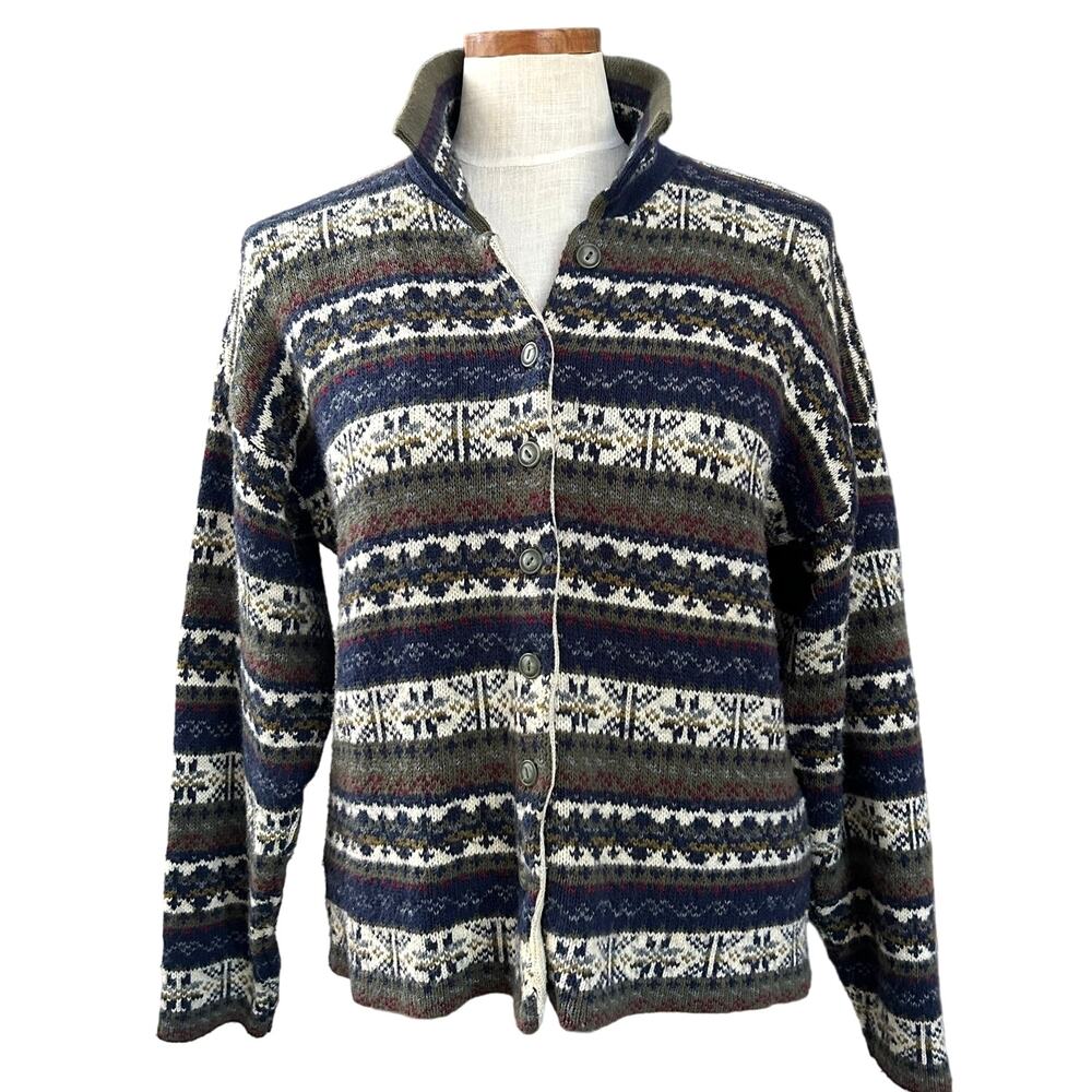 Vintage Kathy Ireland Fair Isle Cardigan M USAMade Nordic Snowflake Cottage Knit
